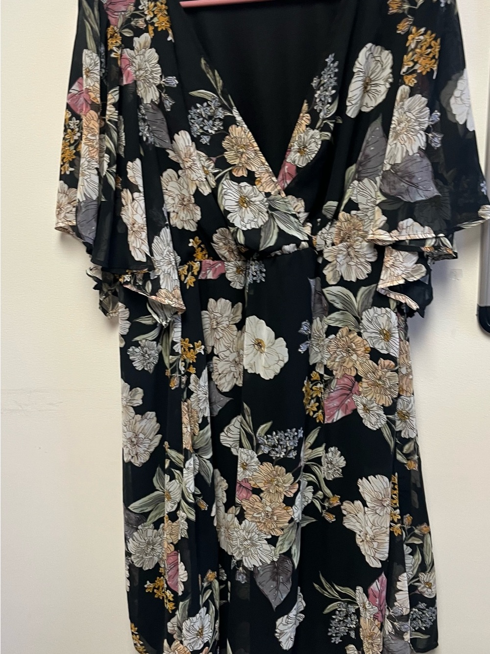 KIYONNA Black Floral Wrap Dress with Flutter Sleeves 2X- NWOT